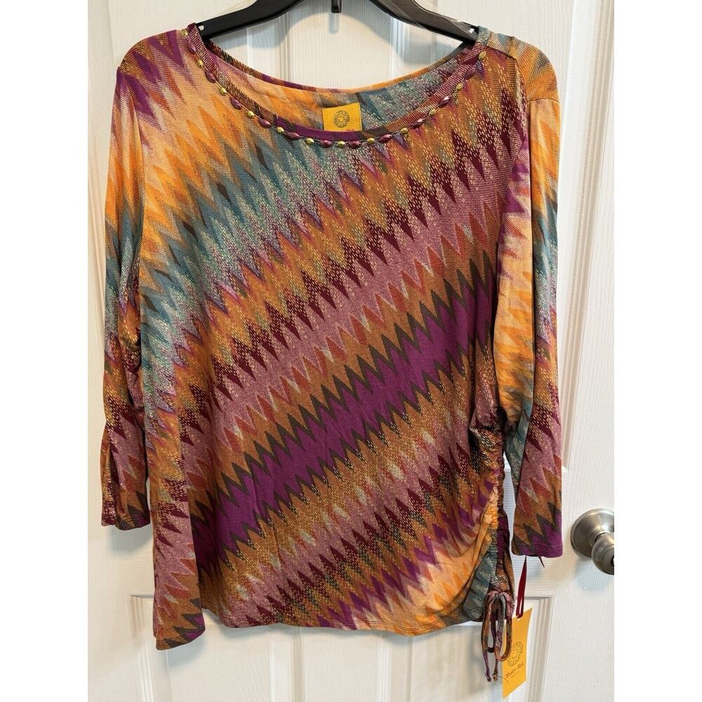 Ruby Rd XL Top Orange Drawstring Side Studded Scoop Neckline 3/4 Sleeves New